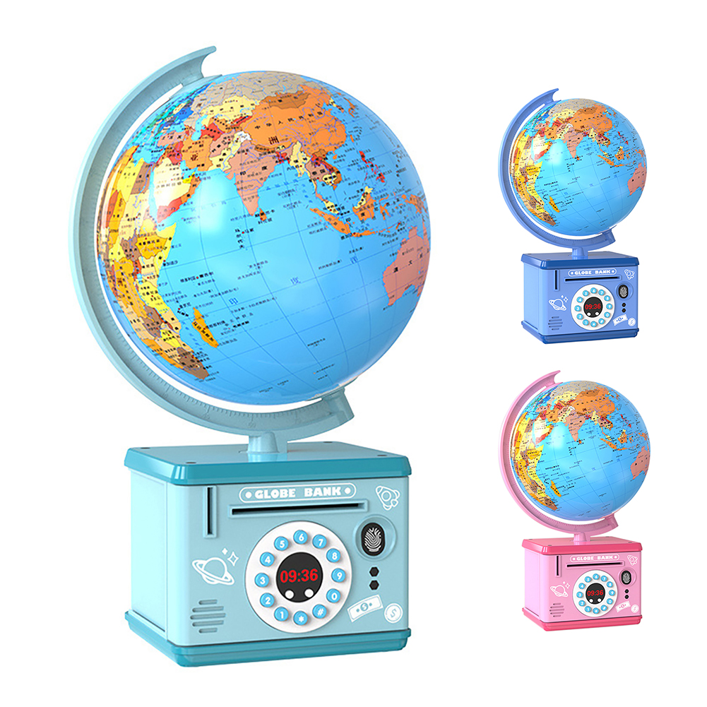 Children Globe Shape Piggy Bank Password Money Box with Night Light & Music – Pink