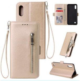 Abctay Solid Color PU Leather Zipper Wallet Double Buckle Protective Case with Stand & Lanyard gold For Samsung A10