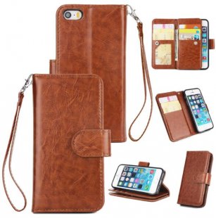 Abctay with Buckle & 9 Card Position & Lanyard & Bracket brown For iPhone 5/5S/SE PU Cell Phone Case Protective Leather Cover