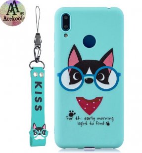 Abctay 2019 Cartoon Lovely Coloured Painted Soft TPU Back Cover Non-slip Shockproof Full Protective Case with Lanyard Light blue Acekool for HUAWEI Y7