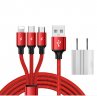 Abctay SIMU 1.2M Data Cable Of One Drag Three 2.4A Braided Fast Charging Mobile Phone Cable With USB Charging Plug red