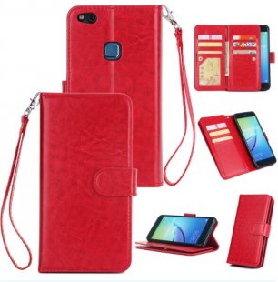 Wholesale with 9 Card Position Buckle Bracket Lanyard red For HUAWEI P10 Lite Leather Protective Phone Case