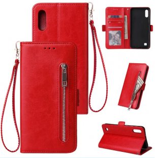 Wholesale PU Leather Zipper Wallet Double Buckle Protective Case with Stand & Lanyard red For Samsung A10 Solid Color