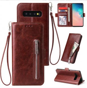 Abctay with Stand & Lanyard brown For Samsung S10 Solid Color PU Leather Zipper Wallet Double Buckle Protective Case