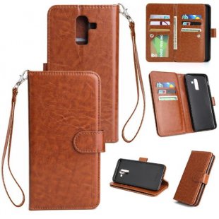 Abctay with 9 Card Slots Lanyard Bracket brown For Samsung J8 2018 PU Non-slip Shockproof Cell Phone Case