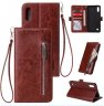 Abctay Solid Color PU Leather Zipper Wallet Double Buckle Protective Case with Stand & Lanyard brown For Samsung A10