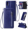 Abctay Solid Color PU Leather Zipper Wallet Double Buckle Protective Case with Stand & Lanyard blue For Samsung A10