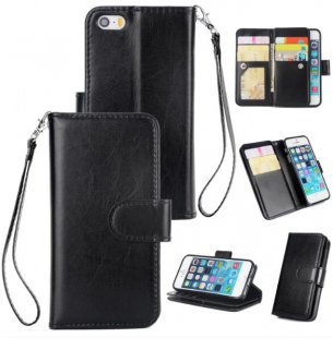 Wholesale with Buckle & 9 Card Position & Lanyard & Bracket black For iPhone 5/5S/SE PU Cell Phone Case Protective Leather Cover