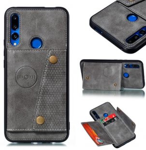 Abctay PU Leather Shockproof Cell Phone Case Anti-dust Phone Case with Double Buckle Card Slot Pocket gray For HUAWEI Y9 prime 2019