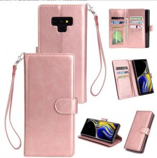 Abctay with 9 Card Slot Lanyard Bracket Buckle Rose gold For Samsung Note 9 PU Full Protective Cover