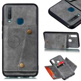 Abctay Shockproof Double Buckle Wallet Case Cell Phone Case PU Leather Flip Stand Phone Cover With Card Slots gray For VIVO Y17