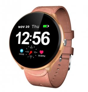 Wholesale Waterproof Heart Rate Monitoring Blood Pressure Smart Wristband Golden frame + pink leather LEMFO V12 Full Touch Smart Watch