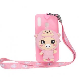 Abctay Full Protective TPU Mobile Phone Cover with Cartoon Coin Purse +Cartoon Hanging Lanyard 3 deep pink piglets For Samsung A10 A20E A30 A40