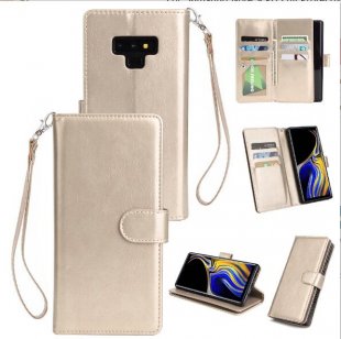 Abctay with 9 Card Slot Lanyard Bracket Buckle gold For Samsung Note 9 PU Full Protective Cover