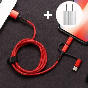 Abctay SIMU 1M Three-In-One Braided Mobile Phone Charging Cable For Apple Android Type-C red