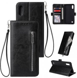 Wholesale PU Leather Zipper Wallet Double Buckle Protective Case with Stand & Lanyard black For Samsung A10 Solid Color