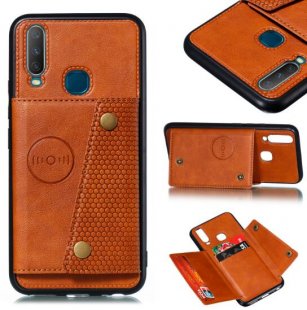 Abctay Shockproof Double Buckle Wallet Case Cell Phone Case PU Leather Flip Stand Phone Cover With Card Slots Light Brown For VIVO Y17