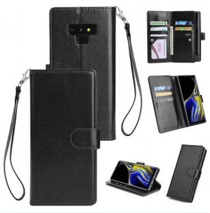 Wholesale with 9 Card Slot Lanyard Bracket Buckle black For Samsung Note 9 PU Full Protective Cover