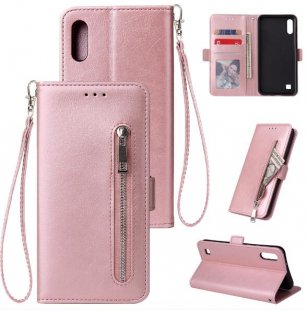 Wholesale Solid Color PU Leather Zipper Wallet Double Buckle Protective Case with Stand & Lanyard Rose gold For Samsung A10