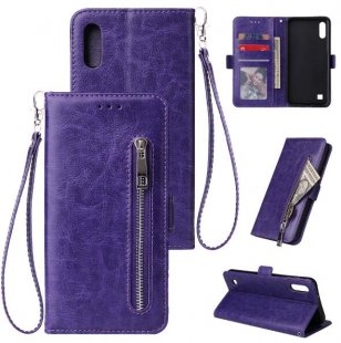 Wholesale PU Leather Zipper Wallet Double Buckle Protective Case with Stand & Lanyard purple For Samsung A10 Solid Color