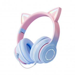 Wireless Cat Ear Headset Stereo Headphones Colorful Lighting Gaming Headset For Smart Phones PC Tablet Computer blue + with microphone