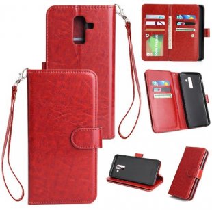 Abctay with 9 Card Slots Lanyard Bracket red For Samsung J8 2018 PU Non-slip Shockproof Cell Phone Case