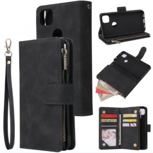 Wholesale Leather Mobile Phone Cover with Cards Slot Zipper Purse Phone Bracket 1 black For Google Pixel 4A