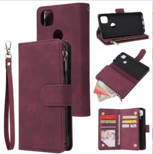 Wholesale Leather Mobile Phone Cover with Cards Slot Zipper Purse Phone Bracket 5 wine red For Google Pixel 4A