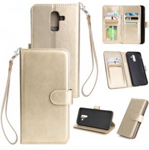 Wholesale PU Non-slip Shockproof Cell Phone Case with 9 Card Slots Lanyard Bracket gold For Samsung J8 2018