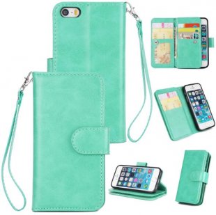 Wholesale with Buckle & 9 Card Position & Lanyard & Bracket Mint color For iPhone 5/5S/SE PU Cell Phone Case Protective Leather Cover