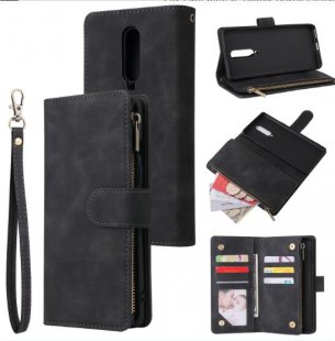 Wholesale Zipper Purse Leather Mobile Phone Cover with Cards Slot Phone Bracket 1 black For One plus 8