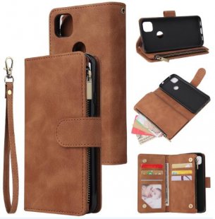 Wholesale Leather Mobile Phone Cover with Cards Slot Zipper Purse Phone Bracket 4 brown For Google Pixel 4A