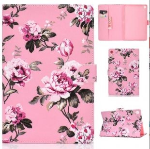 Wholesale Laptop Protective Cover Cartoon Color Painted Smart Stay PU Cover with Front Snap Pink flower