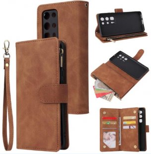 Wholesale Zipper Purse Leather Mobile Phone Cover with Cards Slot Phone Bracket 4 brown For HUAWEI P40 pro plus