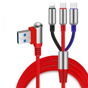 Abctay 3 in 1 Angle Head 1.2M USB Cable Charging Type-C+Micro+8 Pin Data Cable for Smartphone red