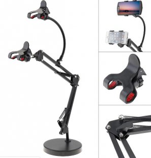 Wholesale Extendable Double Cell Phone Holder with Suspension Boom Scissor Long Arm Mount Stand for Broadcast Studio Video Chatting