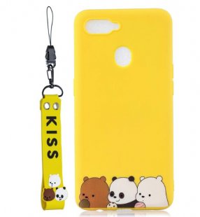 Abctay Cartoon Lovely Coloured Painted Soft TPU Back Cover Non-slip Shockproof Full Protective Case with Lanyard yellow For OPPO A7