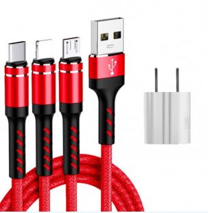 Abctay SIMU 1.2 M Data Cable Of One For Three Woven Cylindrical Mobile Phone Charging Cable With Plug Set red