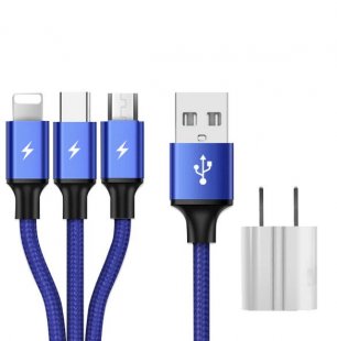 Abctay SIMU 1.2M Data Cable Of One Drag Three 2.4A Braided Fast Charging Mobile Phone Cable With USB Charging Plug blue